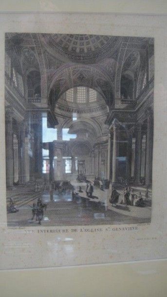 null Gravure en noir, Vue intérieure de l'église Sainte-Geneviève (Panthéon), cadre...