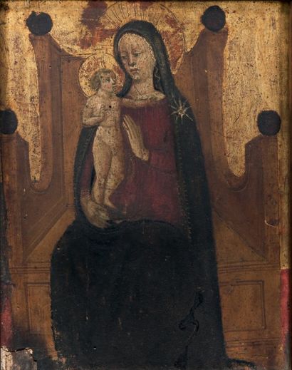 Ecole Italienne du XIXe siècle 
Vierge à l'Enfant en majesté
Panneau
26 x 20,5 cm
(Manques...