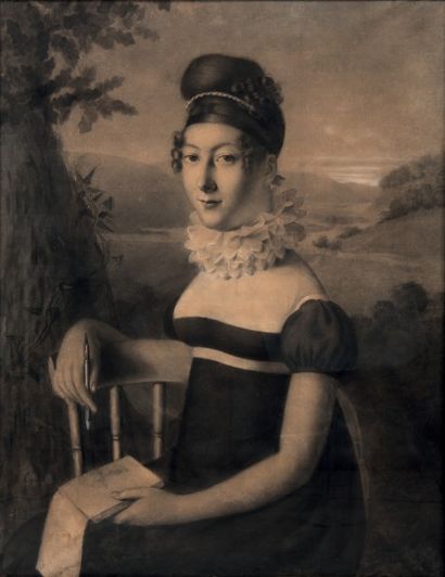 Hortense LESCOT (1784 - 1845) 
Autoportrait au carnet de dessins
Crayon noir, estompe...