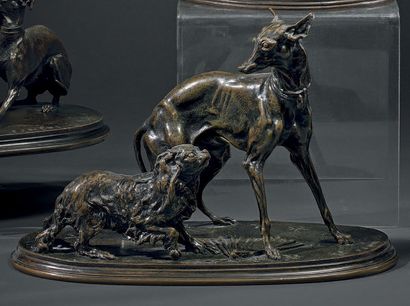 PIERRE JULES MÈNE (1810 - 1879) 
Groupe lévrier et King Charles
Épreuve en bronze...