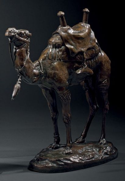 Alfred BARYE (1839 - 1882) 
Dromadaire harnaché
Groupe en bronze à patine brun clair
Signé...