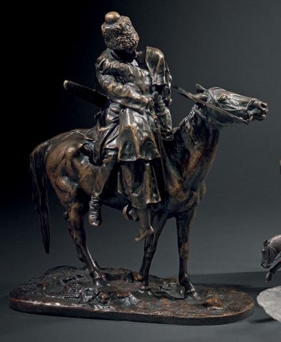 Evgueni LANCERAY (1848 - 1886) 
L'Adieu du cosaque
Épreuve en bronze à patine brune
Signée...