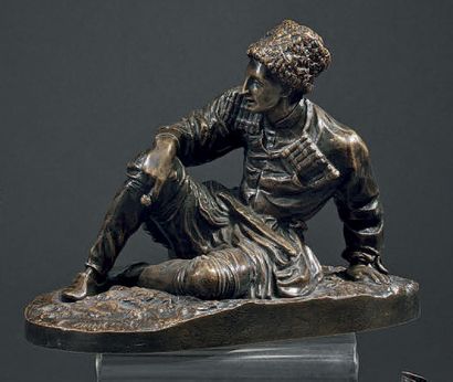Evgueni LANCERAY (1848 - 1886) 
Cosaque au repos
Groupe en bronze à patine brune
Signé...