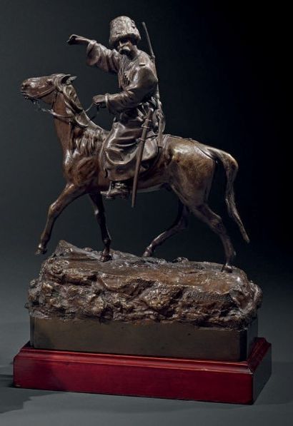 Vassili GRATCHEV (1831 - 1905) 
Cosaque à cheval
Groupe en bronze à patine médaille
Signé...