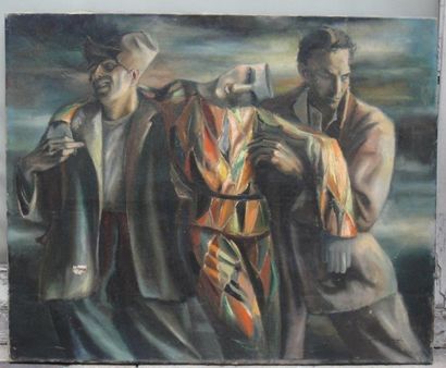 Jean d'Esparbes (1899-1968) 
Arlequin soutenu par deux hommes
Huile sur toile, signée...