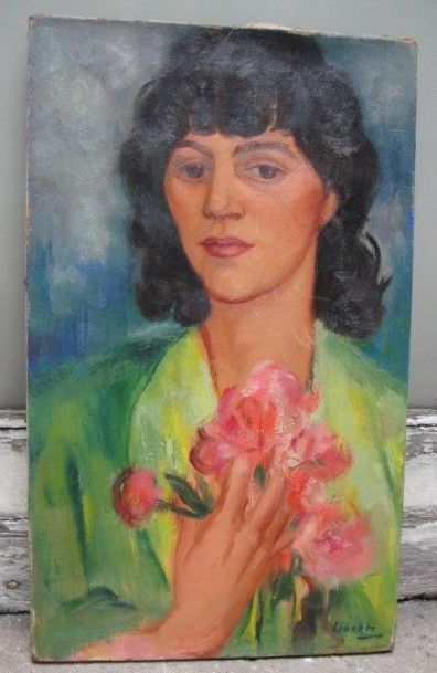 LIBERTI 
Portrait de femme tenant des roses
Huile sur toile, signée en bas à droite.
55...