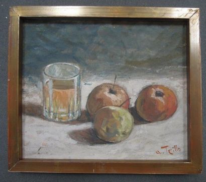 A.TEILLO, XXe 
Nature morte aux pommes et au verre
Gouache sur carton, signée en...