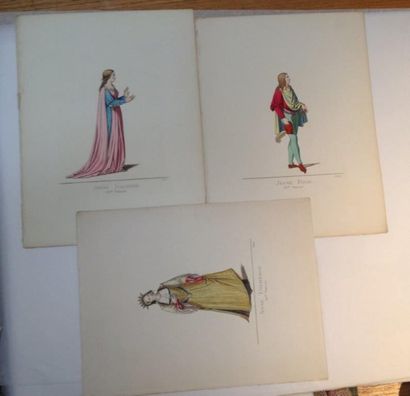 null Suite de 7 gravures rehaussées sur l'histoire du costume au XIVème et XVème...