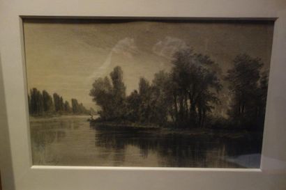 MAHEO Théophile Jean Marie (1837-?) 
Dessin au fusain.
 " Paysage à la rivière "...