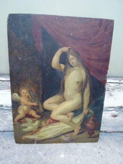 ECOLE FRANCAISE DU XIXème siècle 
Venus à sa toilette
Panneau 37,5 x 27,5 cm
Restaurations
Sans...