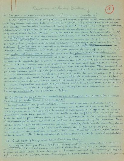BRETON (André) [Interview de Haló Noviny]
Manuscrit autographe, Sans date [1935],...