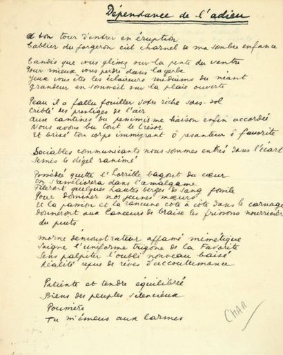 CHAR (René) DÉPENDANCE DE L'ADIEU
Poème autographe signé, Sans date, 2 pages in-4,...