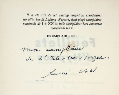 CHAR (René) FEUILLETS D'HYPNOS
Paris, Gallimard, 1946. In-12, broché, chemise demi-maroquin...