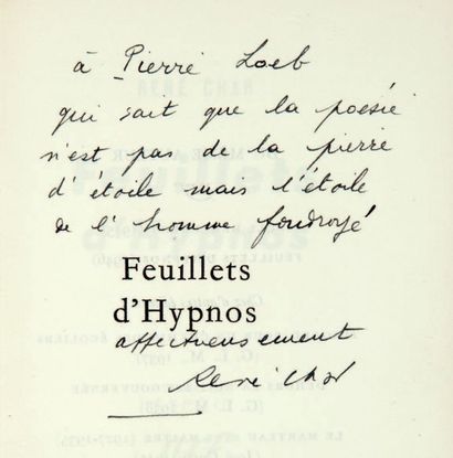 CHAR (René) FEUILLETS D'HYPNOS
Paris, Gallimard, 1946. In-12, box bordeaux, dos lisse...