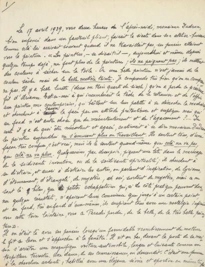 CHIRICO (GIORGIO DE) Un récit [Monsieur Dudron]. Manuscrit autographe signé, daté...