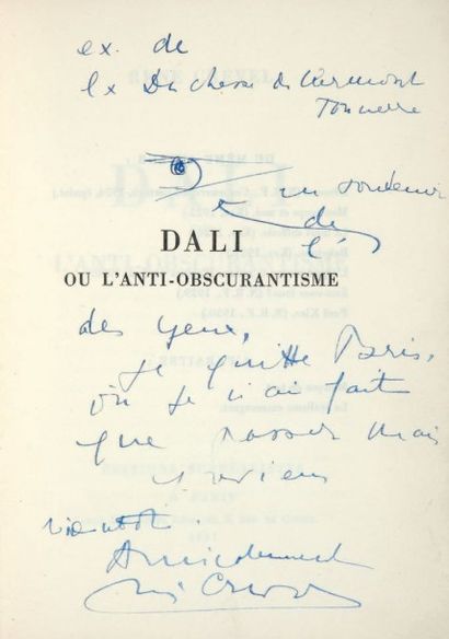 CREVEL (René) - DALÍ (Salvador) DALÍ OU L'ANTI-OBSCURANTISME
Paris, Éditions Surréalistes,...