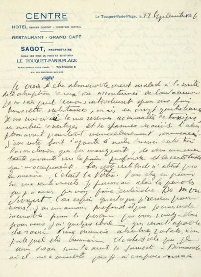 ARTAUD (Antonin) Lettre autographe signée à Janine Kahn, datée Le Touquet, 22 Septembre...