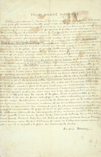 BRETON (André) Pour André Malraux
Manuscrit autographe signé, Sans date [1924], 1...