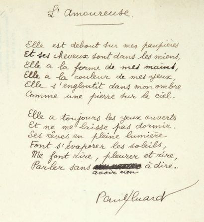 ELUARD (Paul) (1895-1952) L'Amoureuse
Poème autographe signé. 1 page in-8, sous chemise...