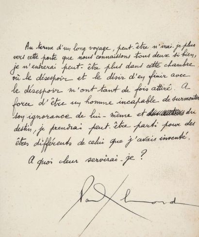 ELUARD (Paul) (1895-1952) Nuits partagées
Manuscrit autographe signé. Sans date [1931]....
