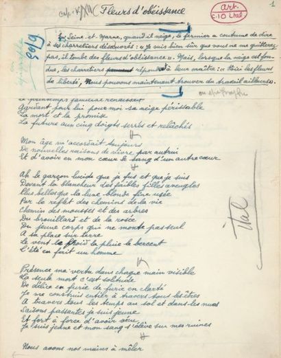 ELUARD (Paul) (1895-1952) Fleurs d'obéissance
Manuscrit autographe signé de 11 poèmes,...