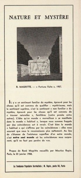 MAGRITTE (René) (1898-1967) Lettre autographe signée à Maurice Rapin, datée le 26...