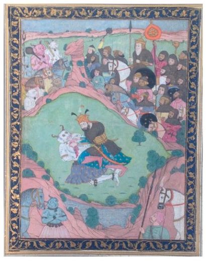 null Grande miniature indienne représentant Rustam tuant le div blanc
Encre, gouache...