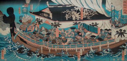 Utagawa Kuniyoshi (1797-1861) 
Triptyque oban tate-e, "Yoshitsune no jûku-shin",...