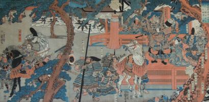 Utagawa Kuniyoshi (1797-1861) 
Triptyque oban tate-e, le départ de Tomoye depuis...