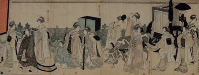 Chobunsai Eishi (1756-1829) 
Triptyque oban tate-e, courtisanes honorant les trois...