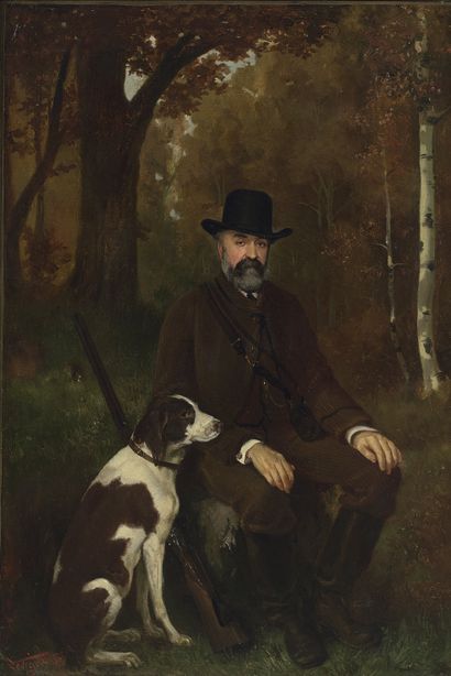 Théodore LEVIGNE (1848 - 1912) 
Portrait d'un chasseur assis avec son chien près...