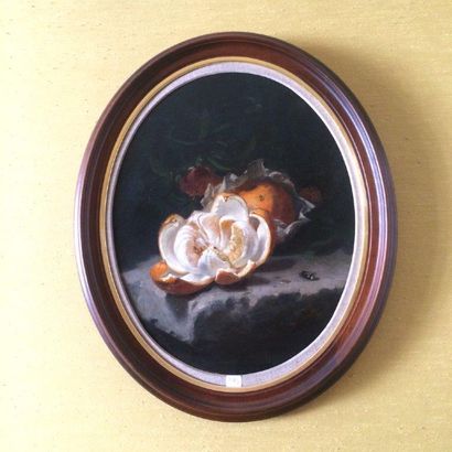 Simon SAINT-JEAN (1808-1860) 
Nature morte aux oranges
Toile ovale signée en bas...