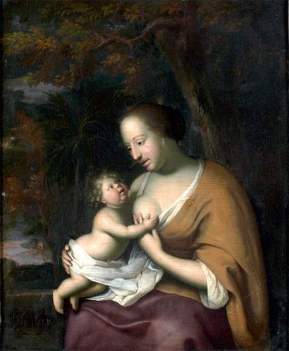 JOHANNES TIELIUS (BOIS LE DUC 1660 - 1719) Vierge à l'Enfant Huile sur panneau de...