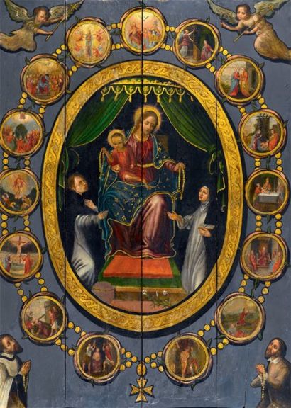 ECOLE FLAMANDE DU XVIIÈME SIÈCLE La Vierge et l'enfant Jésus distribuant des chapelets...