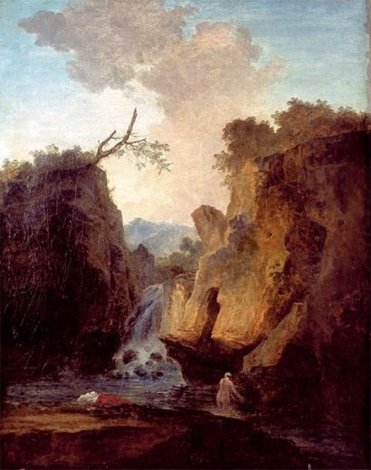 HUBERT ROBERT (1733-1808) Paysage montagneux avec cascade, une baigneuse Huile sur...