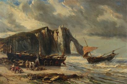 EUGÈNE ISABEY (1803-1886) La falaise d'Etretat Huile sur toile rentoilée Signée en...