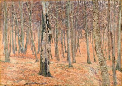 LOUIS HAYET (1864-1940) Sous bois blanc et rose Huile sur carton marouflé sur toile...