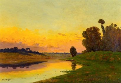 HIPPOLYTE CAMILLE DELPY (1842-1910) Bord de rivière au crépuscule Huile sur toile...