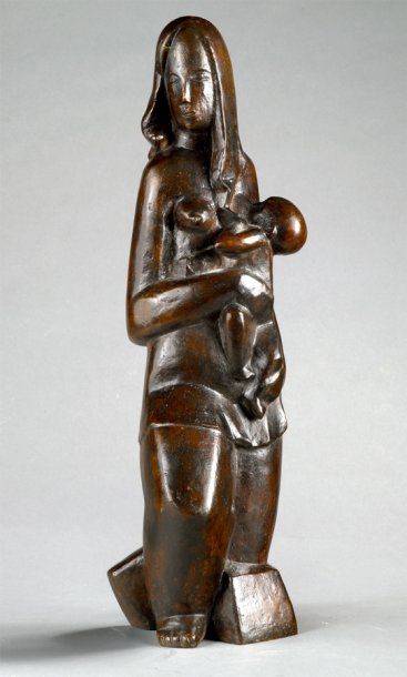 BELA VOROS (1899-1983) Femme avec enfant (1928) Epreuve en bronze à patine brune....