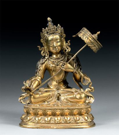 null Tara assise Art sino - tibétain XIXe Bronze doré H. 17,7 cm Tara est un aspect...