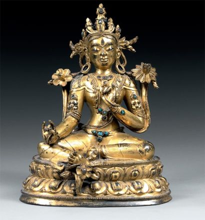 null Tara verte Tibet XIV-XVe Alliage de cuivre doré avec incrustations de turquoise...