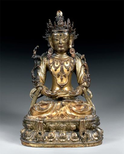 null Bouddha Amitayus Chine Début de la dynastie Ming, XVe Bronze doré et laqué H....
