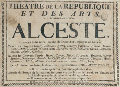 AFFICHE ORIGINALE DU XVIIIÈME SIÈCLE pour un spectacle donné au Théâtre de la République...