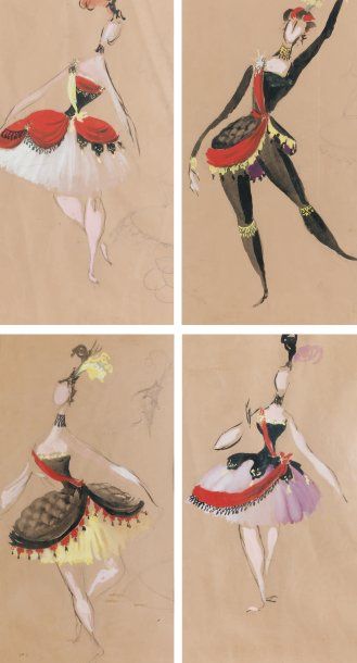 GIULIO COLTELLACCI (1916-1986) Danseuses Quatre maquettes de costumes réunies sous...