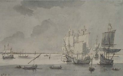ATTRIBUÉ À WILLEM VAN DE VELDE II (LEYDE 1633 - GREENWICH 1707) Marine avec canaux...