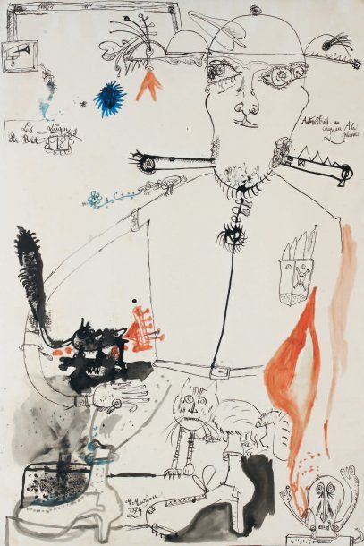 MICHEL MACRÉAU (1935-1995) Autoportrait, 1974 Encre et aquarelle sur papier Signé...