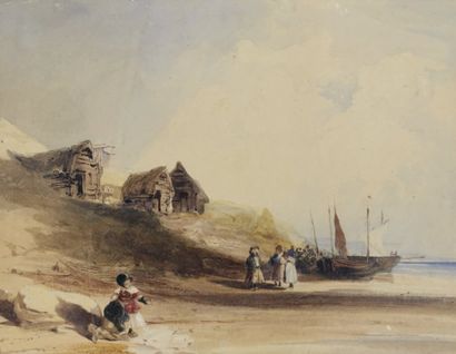THOMAS SHOTTER BOYS (LONDRES 1803-1874) Scène animée, sur la plage, 1828 Aquarelle...