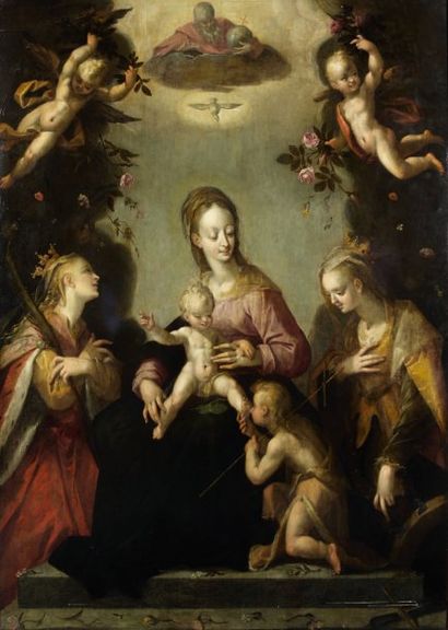 ATTRIBUÉ À HANS VON AACHEN (1552-1615) La Vierge et l'Enfant Jésus entre sainte Elisabeth...