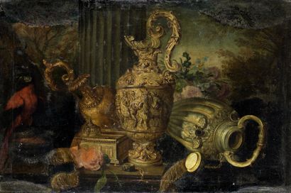 MEFFREIN CONTE (VERS 1630-1705) Nature morte aux pièces d'orfèvrerie, montre et perroquet...