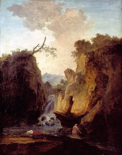 HUBERT ROBERT (1733-1808) Paysage montagneux avec cascade, une baigneuse Huile sur...